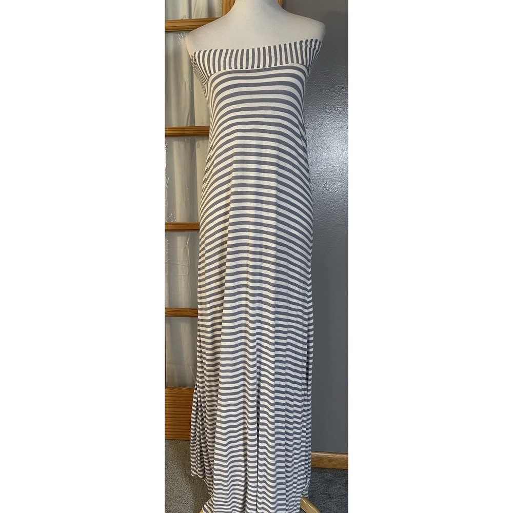 Anthropologie Odille Strapless Maxi Dress Sz S Gray White Stripes Beach Nautical